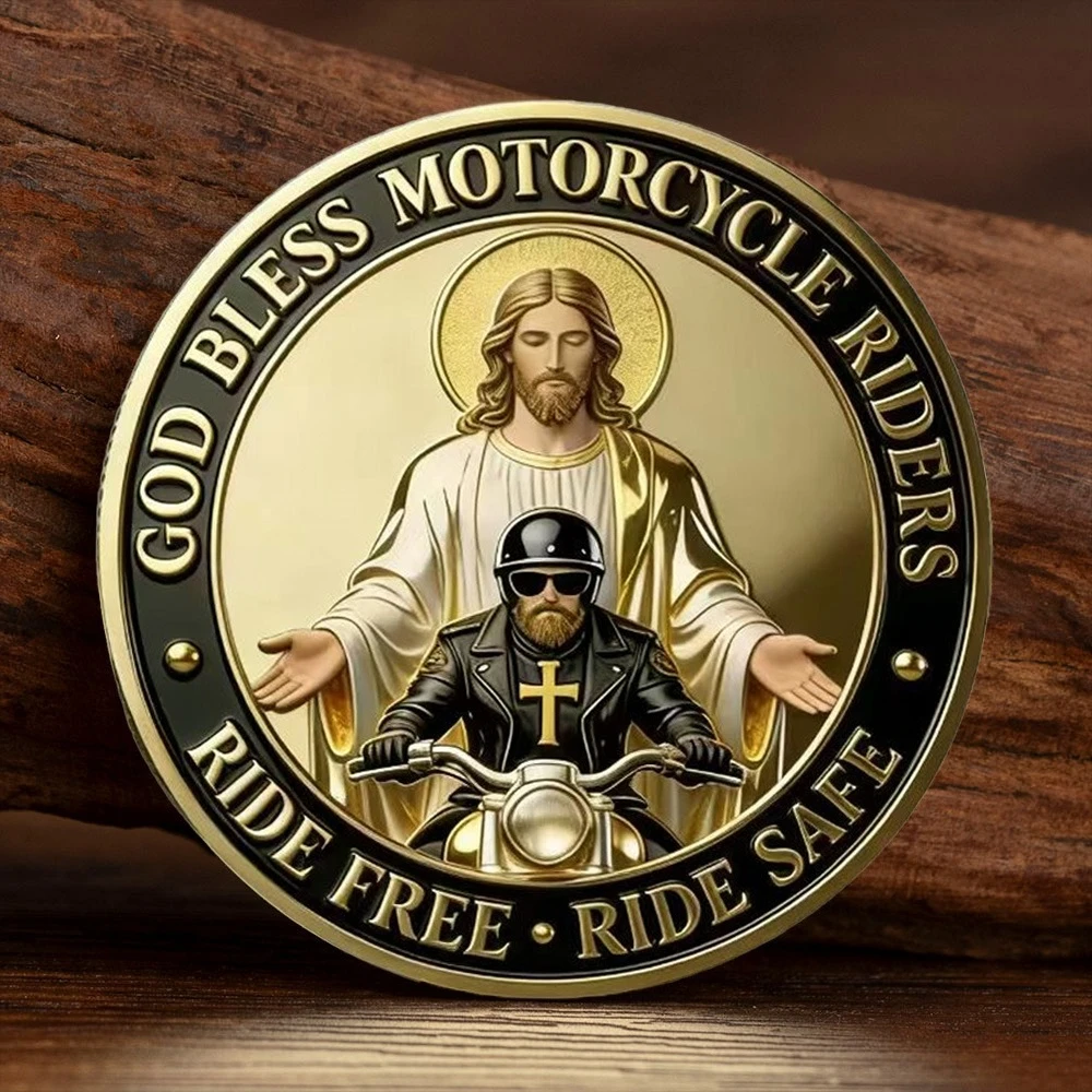 God Bless Motorcycle Riders Gold Plated  Souvenir Coin Faith Freedom Brotherhood Never Ride Alone Collection Coin