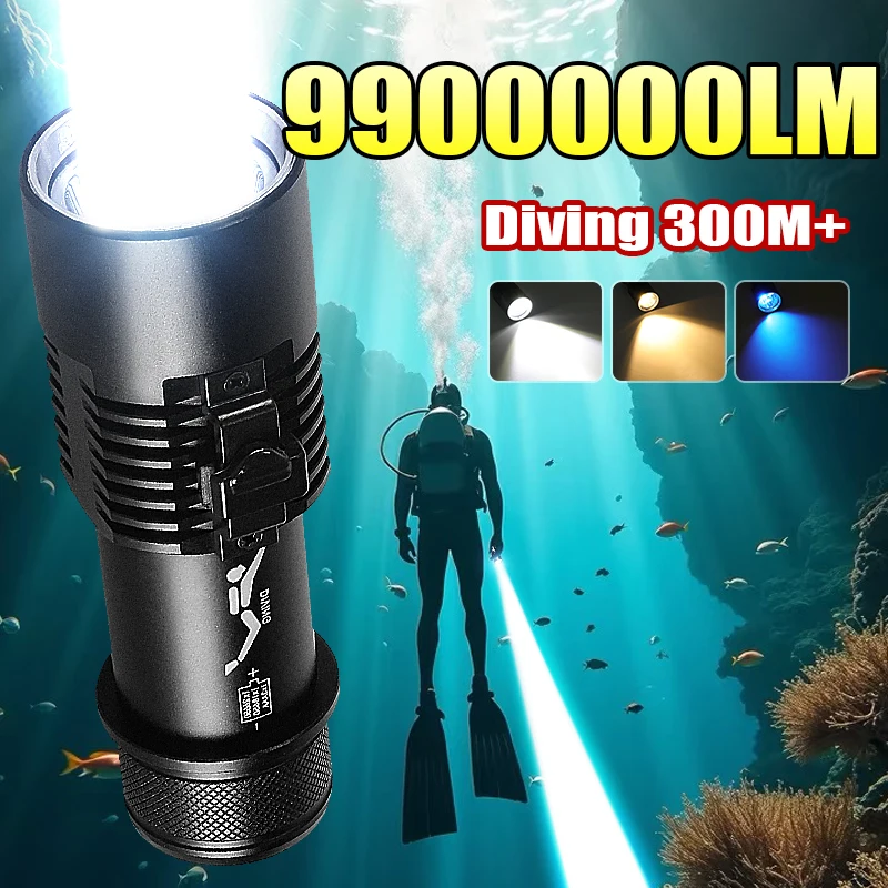 

9900000LM High Power LED 3 Lights Diving Flashlights Focus USB Rechargeable Waterproof Outdoors Submersible Hunting Work Lights