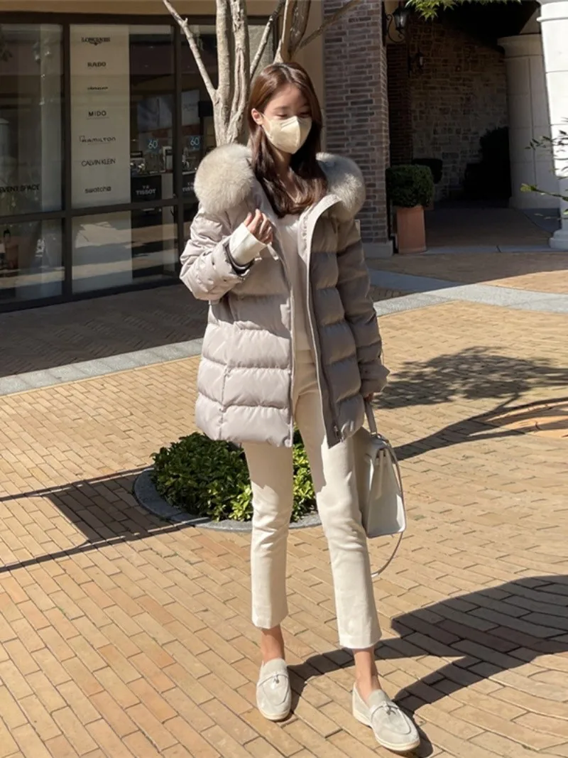 Women's Thiened White Du down Jaet 2023 New Korean Sle Waist-Cinching Faion Large Fur Collar Outerwear