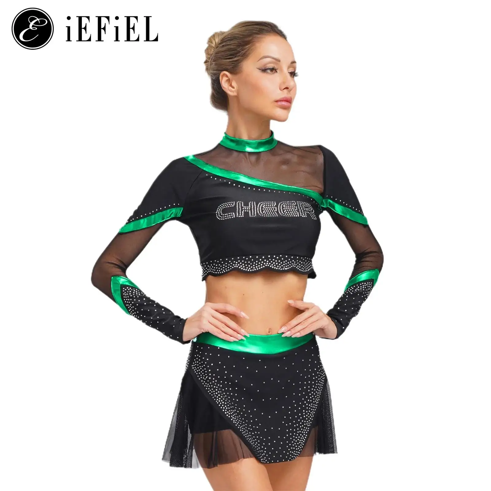 

Adult Cheer Leader Uiniform Women Shiny Rhinestone Long Sleeve Crop Top with Mini Skirts Musical Carnival Festival Dance Dress
