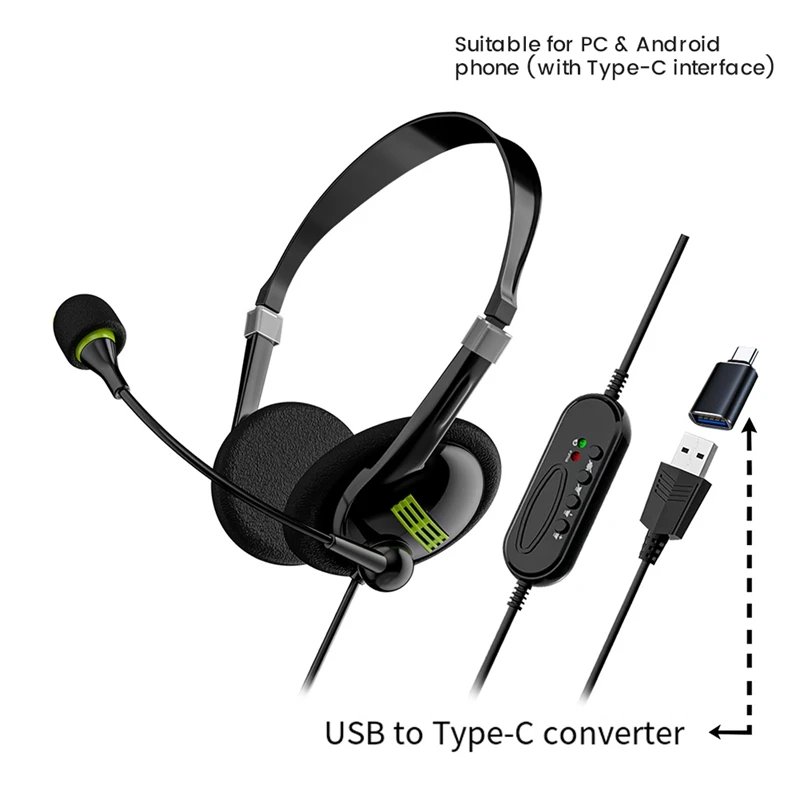 USB Computer Headset Business Operator Special Headset Wired Headset In-Line Control Headset With Typec Adapter, Durable