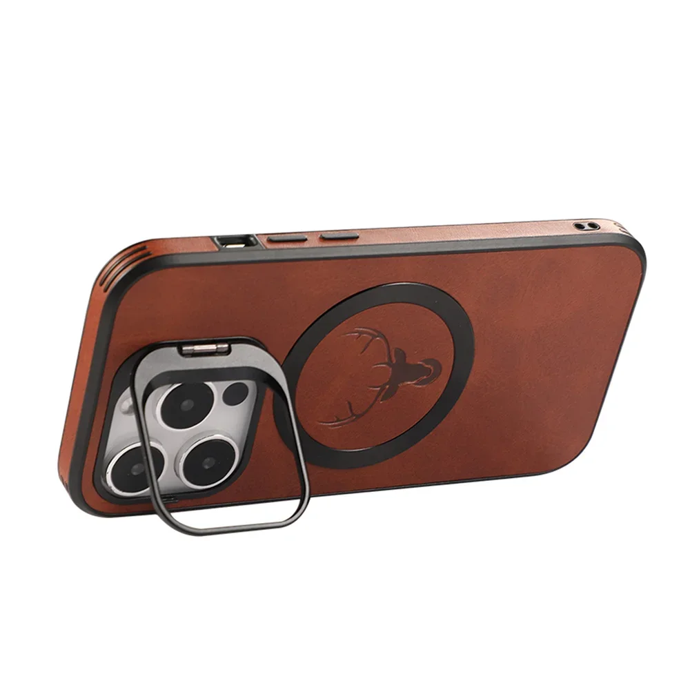 Luxury Leather Elk Deer Head Case For iPhone 15 14 13 12 Pro Max 15 Plus Invisible Lens Stand Bracket for Magsafe Magnetic Cover