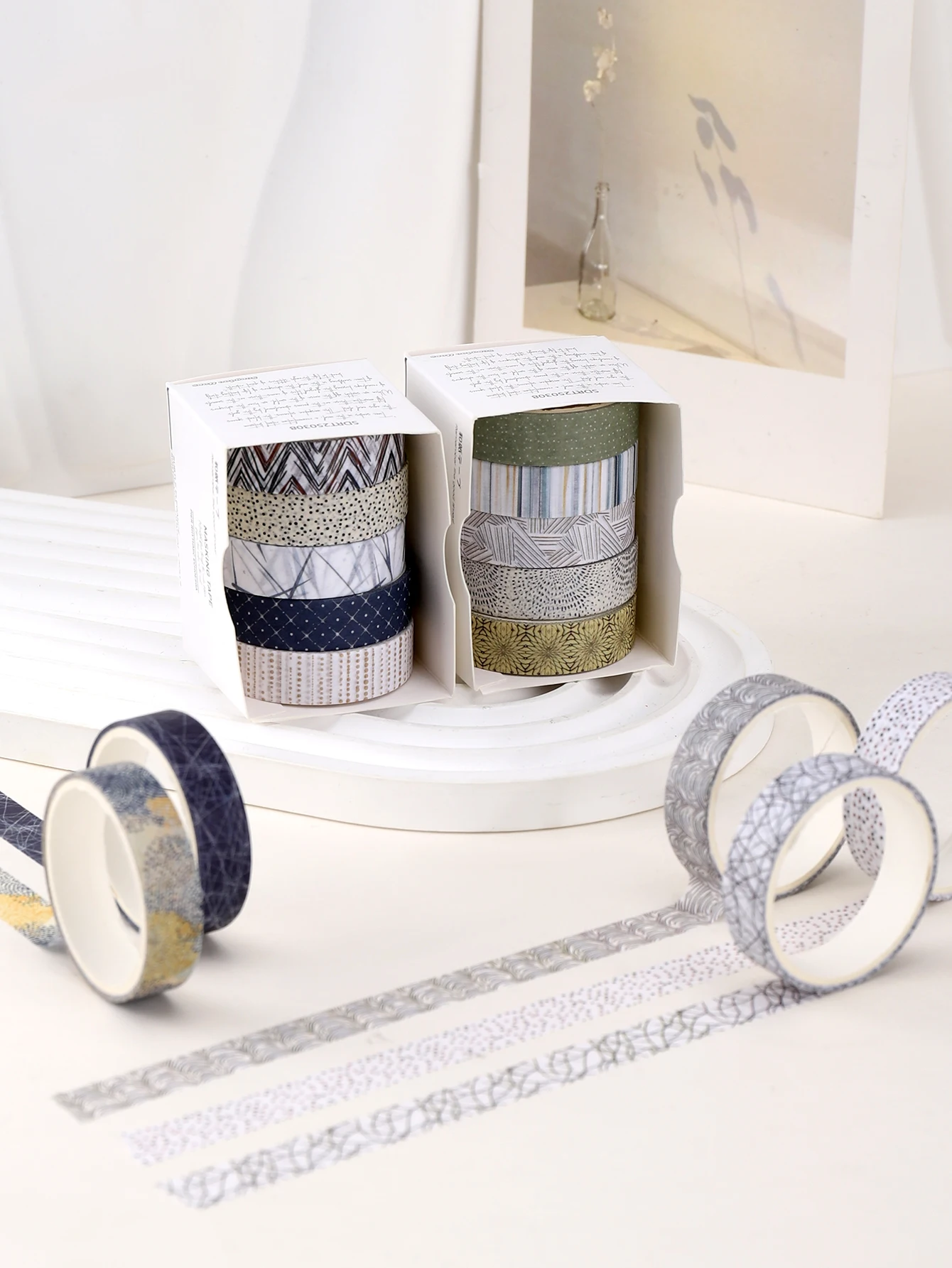 5 Rolls/Box Modern Geometric Washi Tape Set Black White Gold Line Dot Pattern Masking Tape for Journal Scrapbook Planner Decor