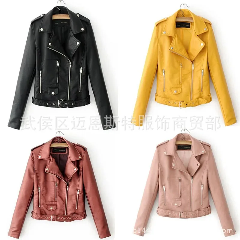 2024 สุภาพสตรีใหม่ซิปเฉียงหนังสั้น Slim-Fitting BIKER PU หนัง JACKET