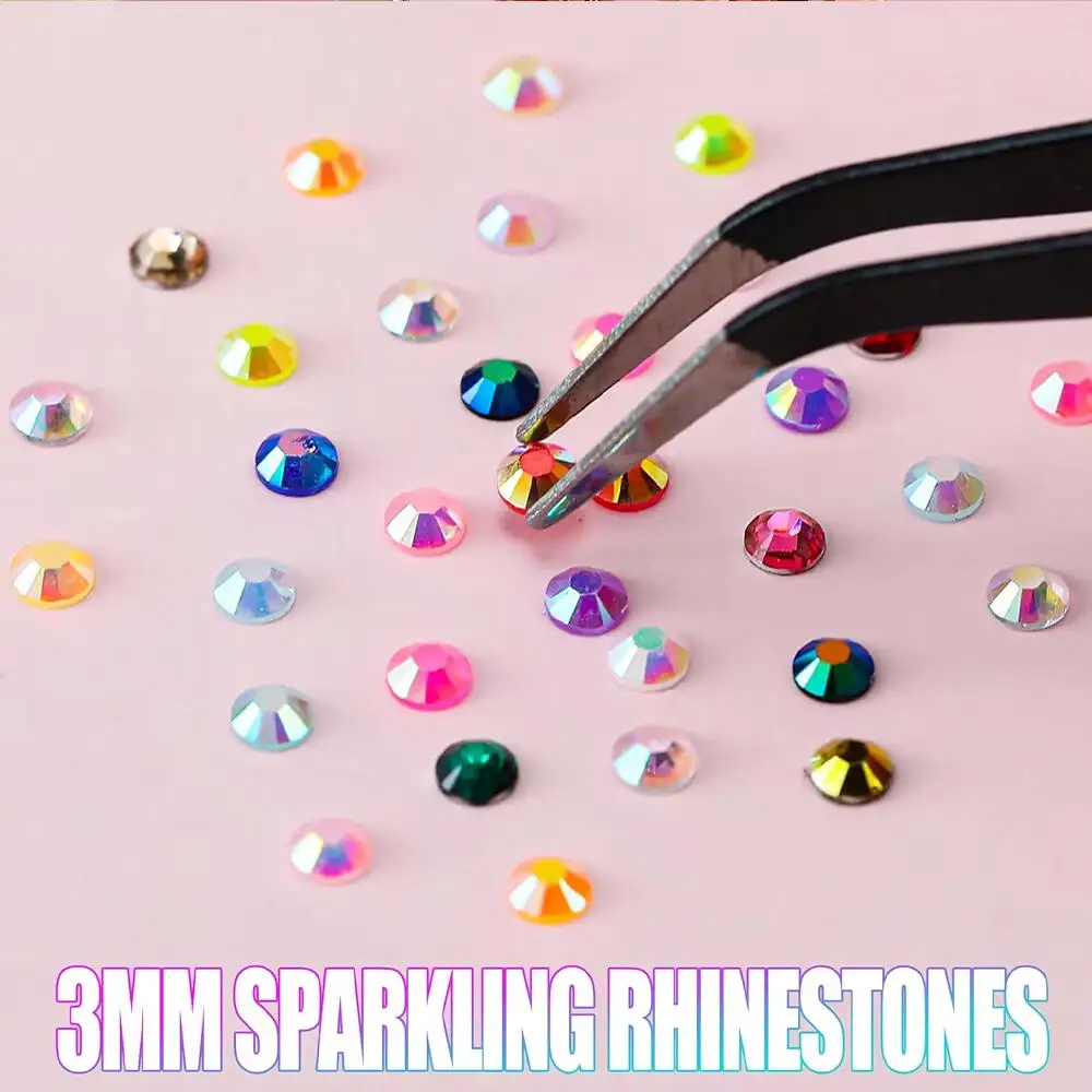 Multi Color 3mm Flatback Resin Rhinestone Kit Jelly Diamonds with Tools Tweezers Pick Pen Glue for Nail Art Phone Case DIY Craft view 5