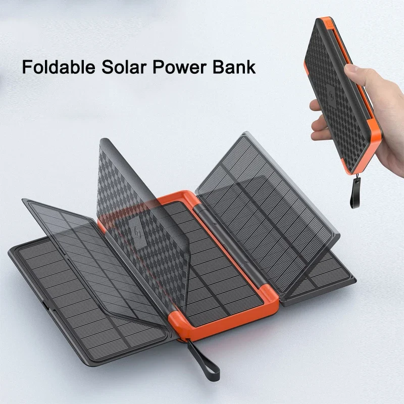 Foldable Solar Power Bank 20000mAh with LED Light Wireless Charging Powerbank for iPhone 14 13 X Samsung Huawei Xiaomi Poverbank