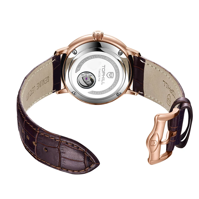 ساعة توفيل للرجال حركة أوتوماتيكية 42 ملم هيكل من الفولاذ المقاوم للصدأ كريستال الياقوت الفرقة الجلدية الثانية الصغيرة مرحلة القمر