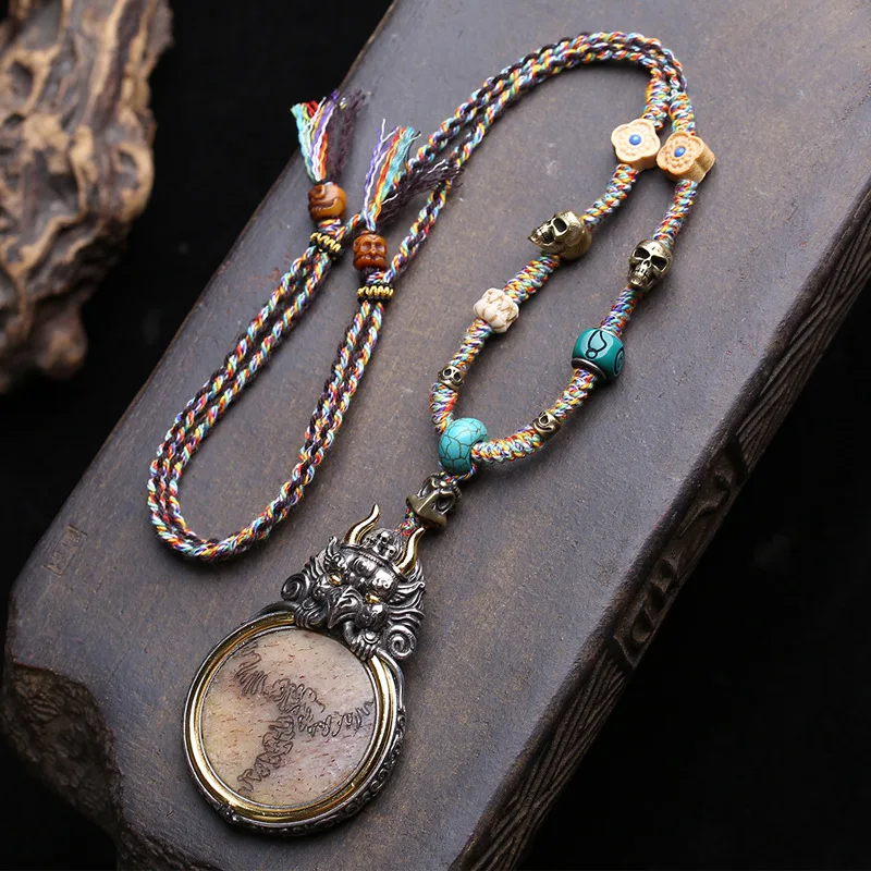 Bone-carved three-realms copper vulture pendant collarbone chain  hand-woven rope necklace