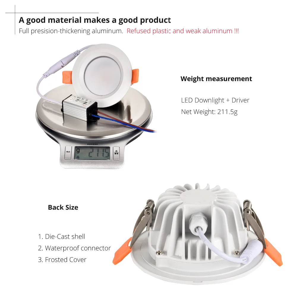 Waterproof LED Ceiling IP65 Fully sealed 5W 7W 9W 12W 15W Recessed LED Lamp Spot Light White shell AC85-265V