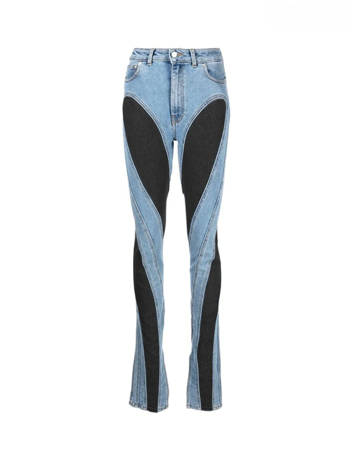 

Sexy Distressed High Waist Color Block Denim Jeans Women's Autumn Long Leggings Slimming Effect Decomposition Style Blue Jeans