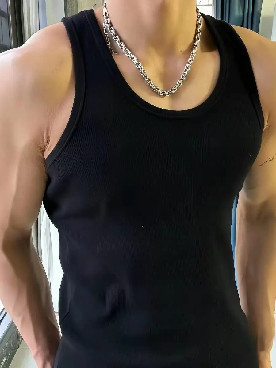 Men's Summer Fitness Cotton Vest Loose Sleeveless Tank Top Pure Color Thread Cotton Sport Style Base Shirt White T-shirt