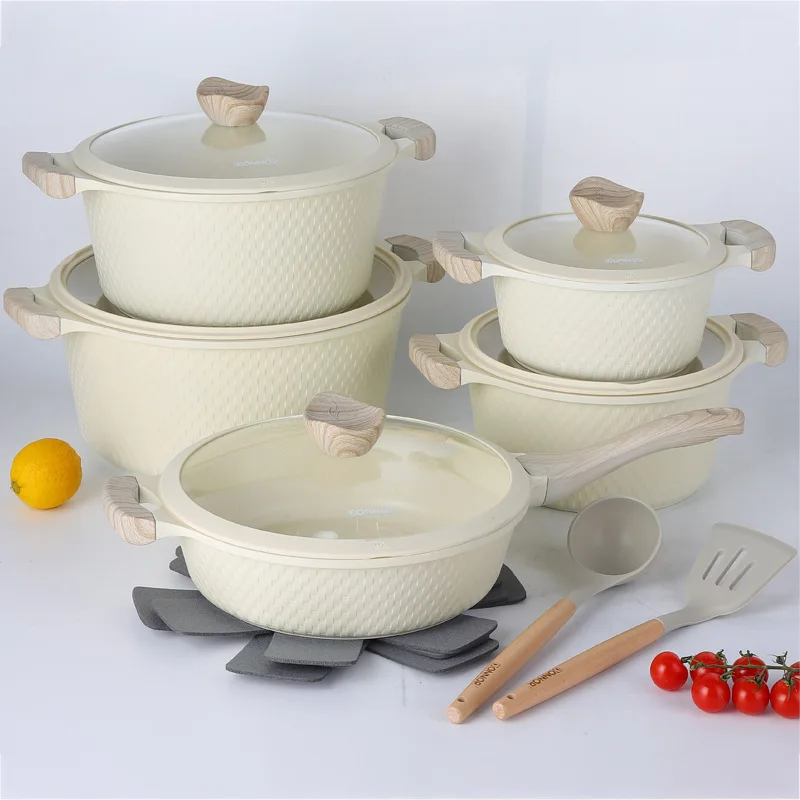 Effortless Wash 15-Piece Aluminum Cookware Set 20-32CM Soup Pot 28CM Deep Frying Pan Fast Heat Use Wholesale Sale Distribution