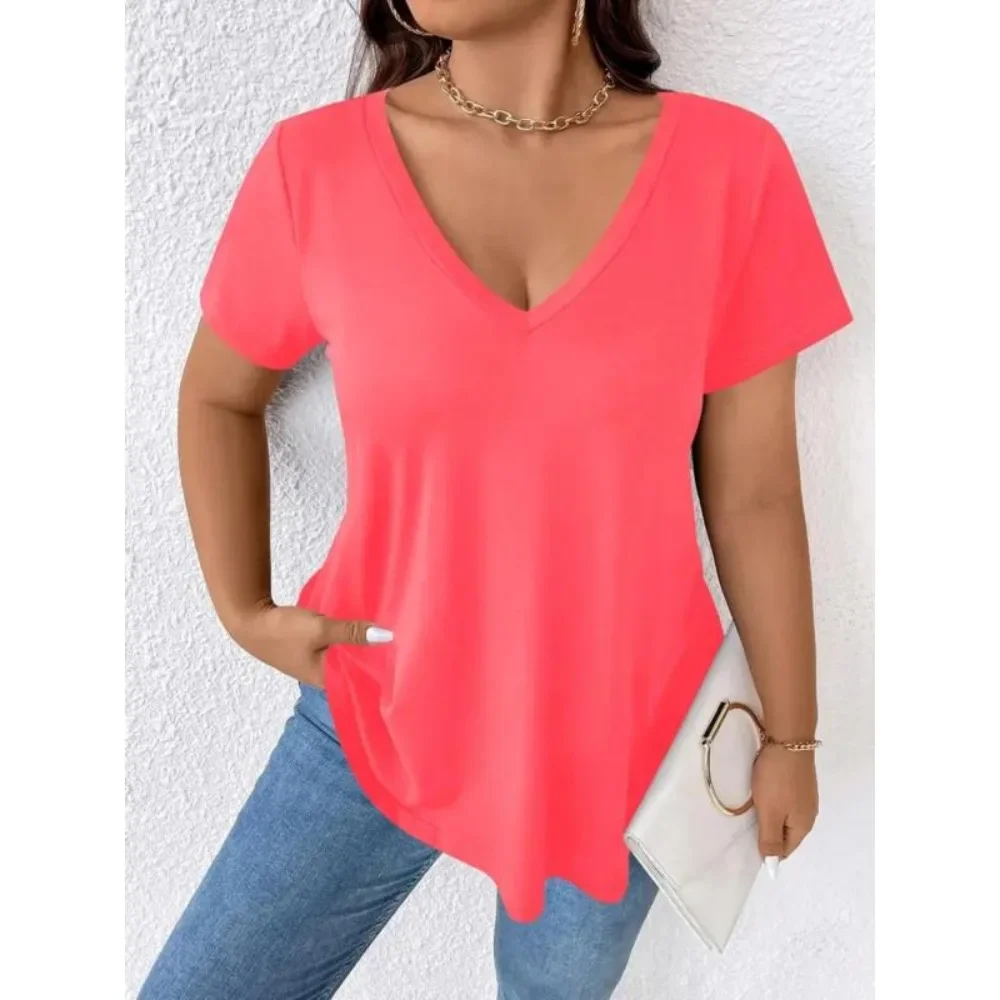 

Plus Size Spring Summer Women's Short Sleeved Casual Solid V-neck T-shirt Women Comfortable and Fashionable T-shirt