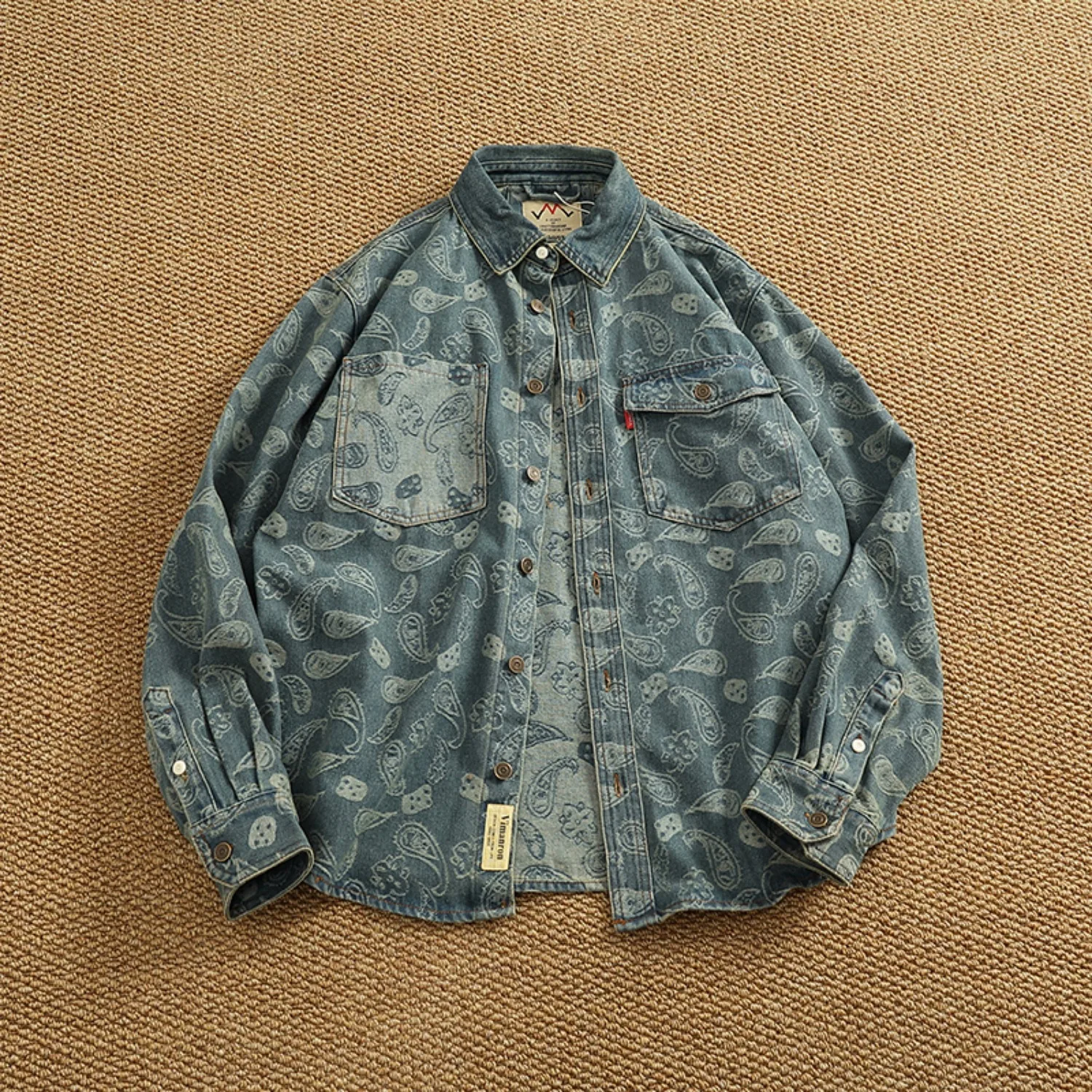 Heavy chunky cargo denim shirt jacket Men's high street chic vintage cashew flower baggy lapel long-sleeved shirt