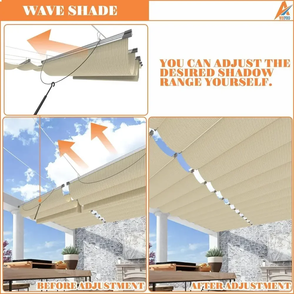 25' Beige Retractable Awning Cover for Pergolas, Patios, and Outdoor Spaces