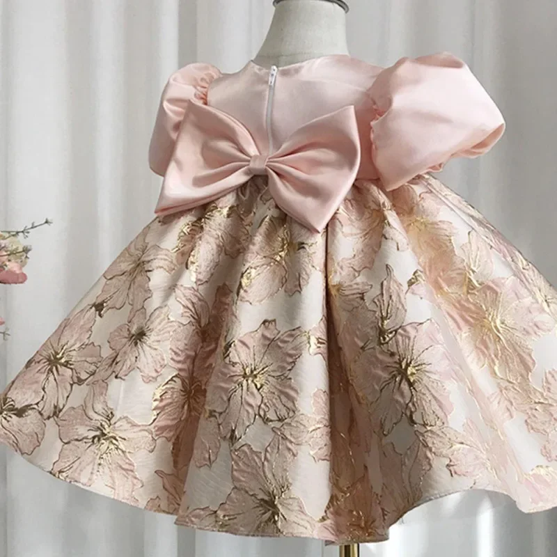 Baby Girls Birthday Baptism Dress Children Cute Pink Bow Design Puff Sleeve Party Wedding Princess Ball Gown y1015