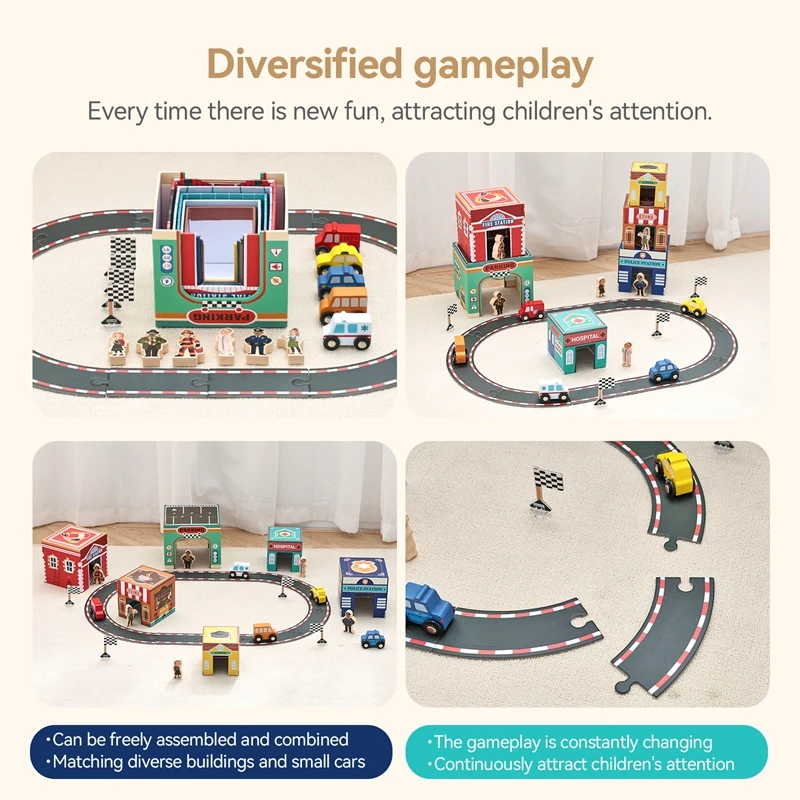 ชุดของเล่นเด็กแบบมอนเตสซอรี่ รถการ์ตูนขนาดเล็ก รางซ้อนได้ ดีไซน์แบบโมดูล ตัวรถประกอบได้ ชุดอุปกรณ์เสริมสำหรับเด็ก