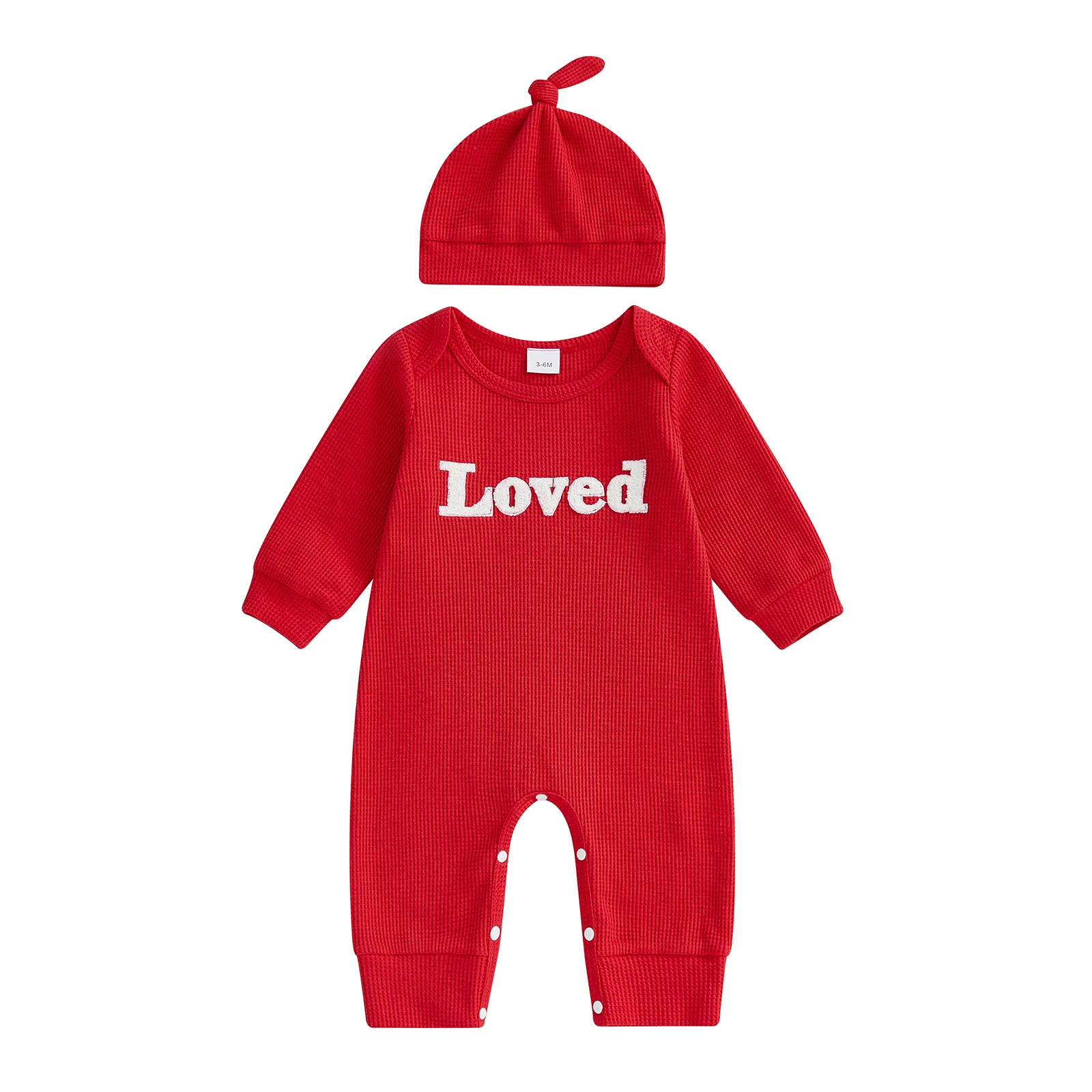 

Наряд на День Святого Валентина для маленьких мальчиков, комбинезон с длинными рукавами и вышивкой букв и шапка с завязками, комплект вафельного вязания из 2 предметов