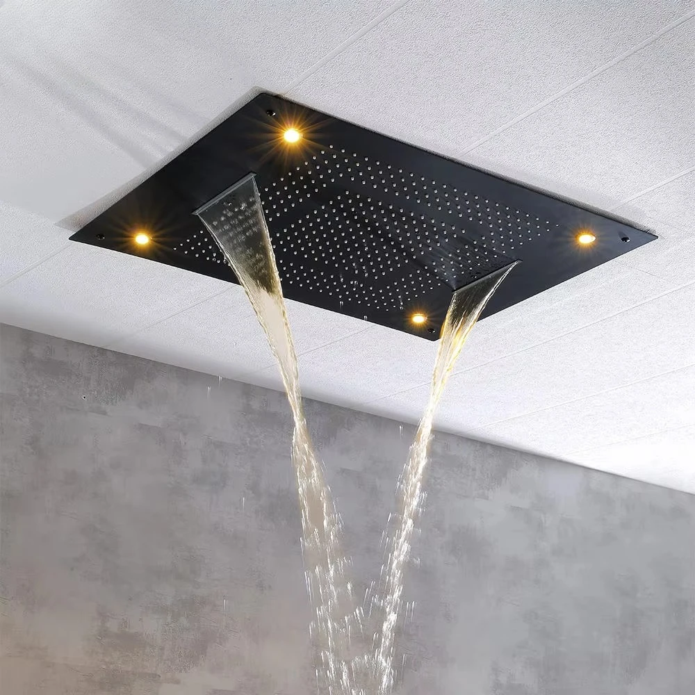 Hot Sale Bathroom Hot Cold Sus304 Ceiling LED Shower Head Rainfall Waterfall  Mixer Faucets Set Black Gold with LED Light