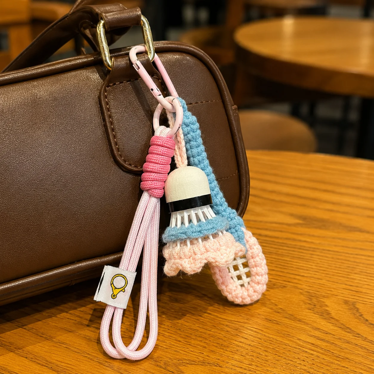 Handmade Crochet Badminton Racket Shuttlecock Keychain with Wrist Strap Carabiner, Cute Bag Charm Car Key Ring Pendant