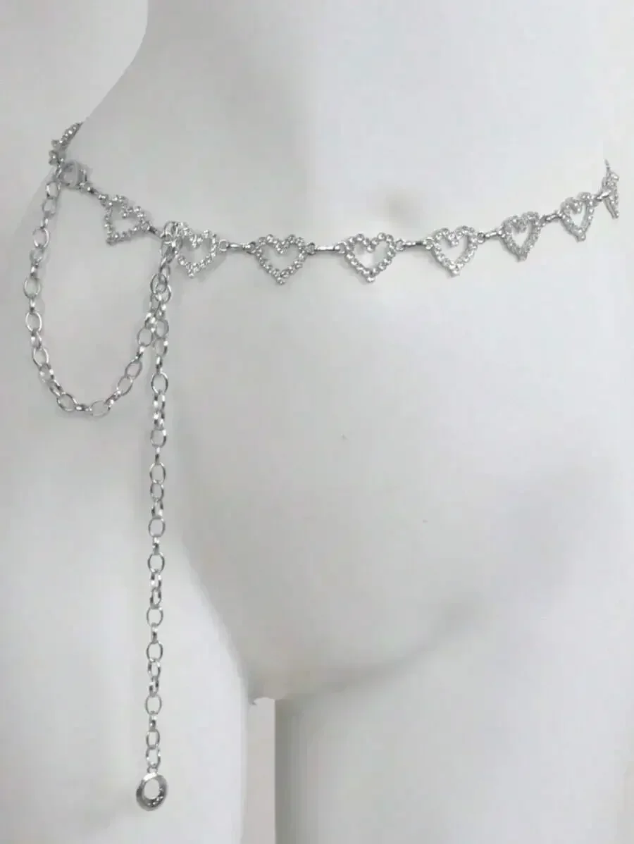 1pc Fashionable Simple Heart Shaped Rhinestone Decorated Alloy Waist Chain For Women Dress, Back-To-School Season