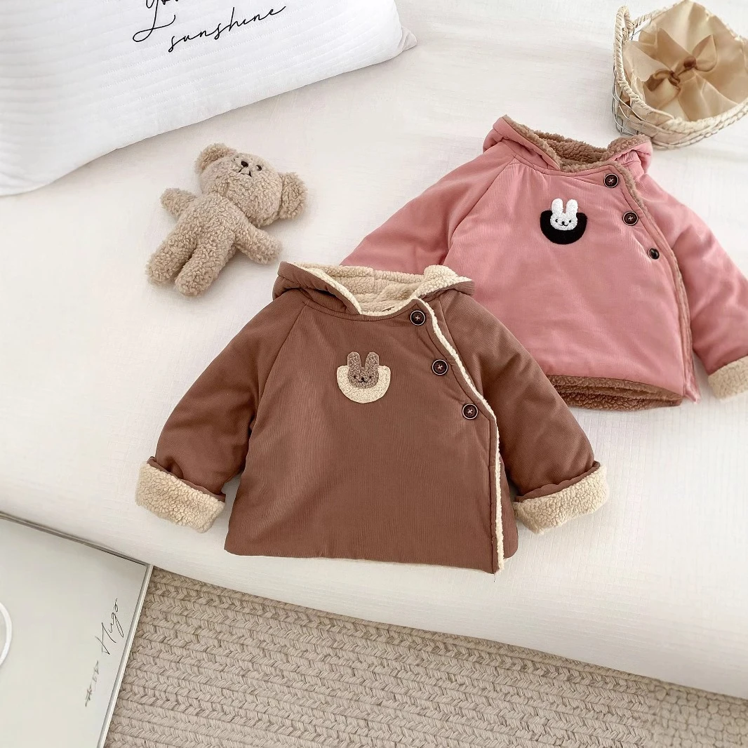 Baby Winter Hooded Coat Toddler Fleece Lined Thick Cotton Jacket Infant Asymmetric Button Warm Outerwear Kids Rabbit Patch Tops