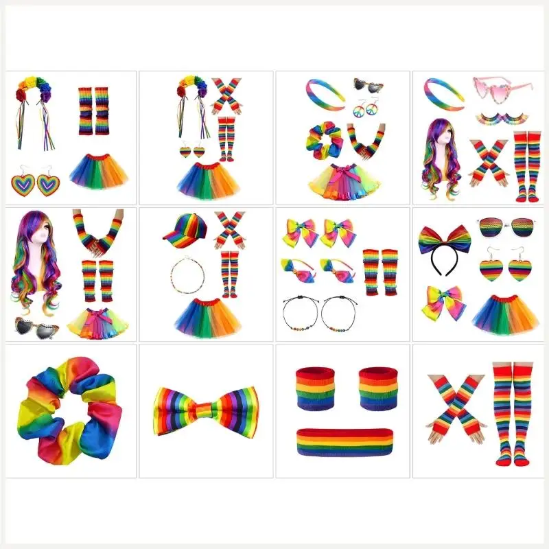 Tenues Rave arc-en-ciel, accessoires Costume avec jupe Tutus arc-en-ciel, bandeau fleuri, chauffe-bras pour adultes