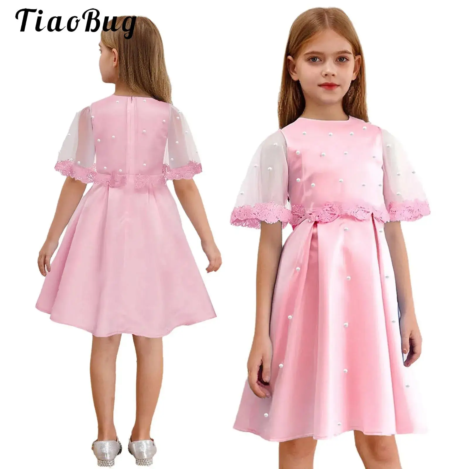 

Satin Flower Girl Dress Teen Girls Communion Gown Formal Dresses with Sleeveless Faux Pearls for Wedding Guest First Communion