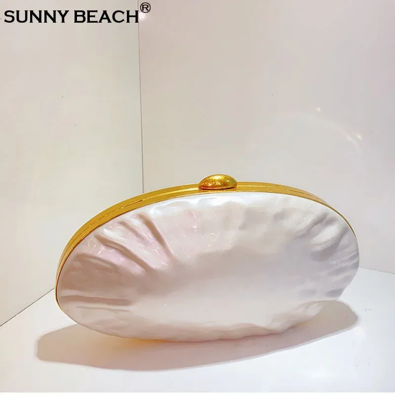 

Fashion Luxury Shell Clutch Bag Acrylic Pearl White Frame Purse Women Wedding Evening Party Cute Ivory Handbag