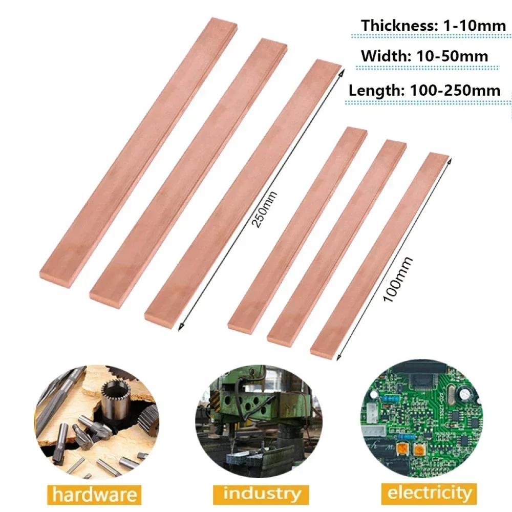 1pcs T2 Pure Red Coppers Flat Metal Plate Coppers Flat Bar Thickness 1/1.5/2/3/4/5/6/8mm length 100/250 mm Coppers Bus Bar