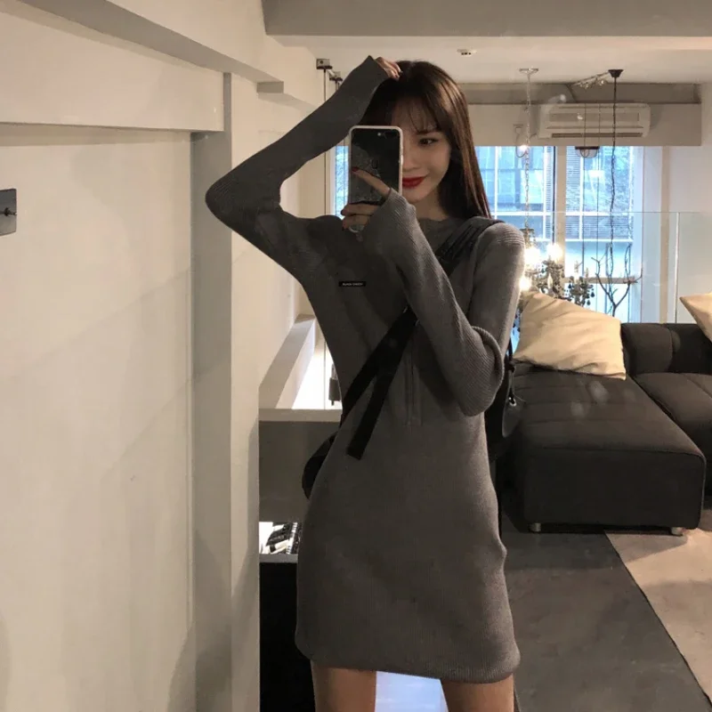 

2025 Women Dress Gray Black Thin Threaded Bottom Slim Sexy Dresses Solid Color Zipper Casual Female Bodycon Dress