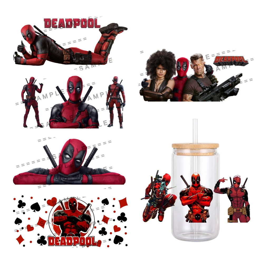 Disney Marvel Deadpool 3D tahan air UV DTF bungkus cangkir untuk 16Oz Libbey kaca dapat DIY stiker Transfer