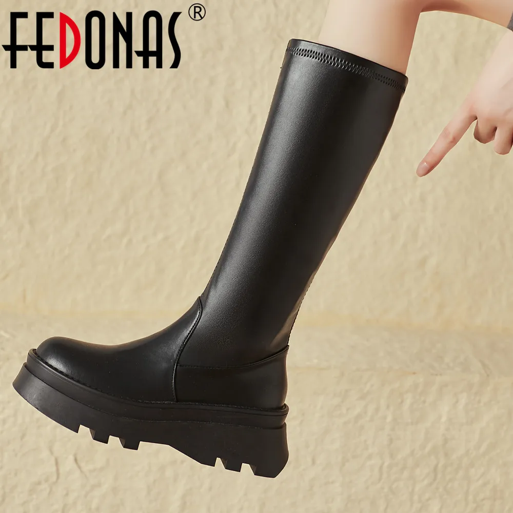 

FEDONAS Platforms Women Knee-High Boots Autumn Winter Splicing Genuine Leather Side Zipper Office Lady Basic Shoes Woman Concise