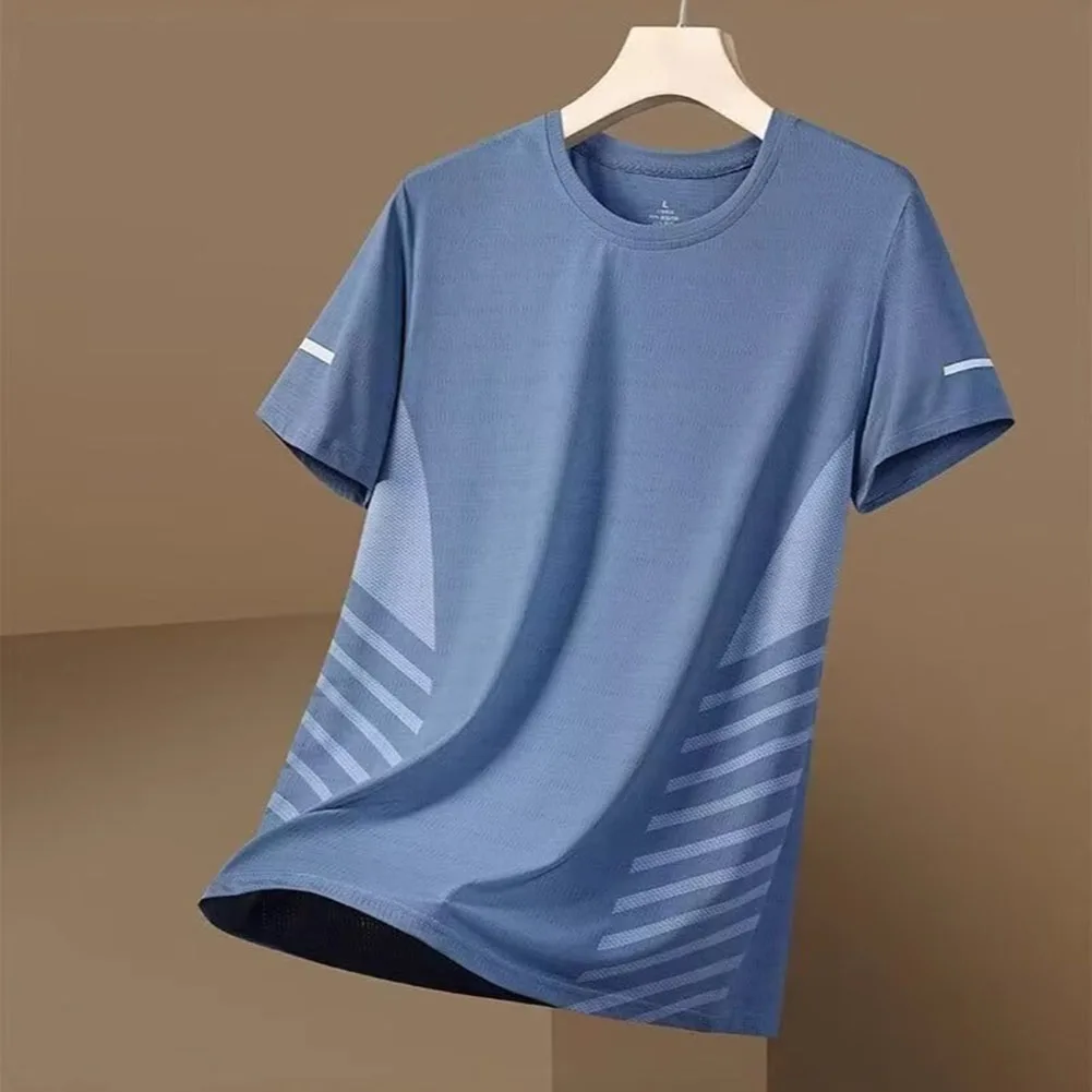 Mens Ice Silk Quick Drying T Shirt Short Sleeve Loose Round Neck Stripe Casual Sports Thin Top For Daily Commuting Summer Wear