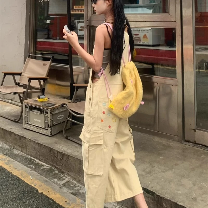 Original New Women's Jumpsuit 2025 Summer Cartoon Embroidered Tooling Overalls Retro Heavy Industry Casual Cropped Pants Ladies