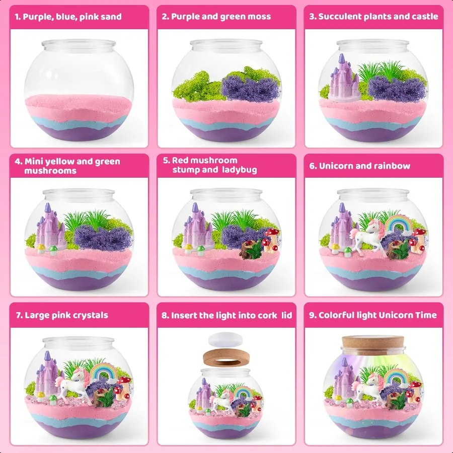 Zestaw do samodzielnego wykonania terrarium z oświetleniem LED, lampka nocna, prezent urodzinowy dla dziewczynek w wieku 4 5 6 7 8 12 lat, zabawki dla dziewczynek, rękodzieło DIY.