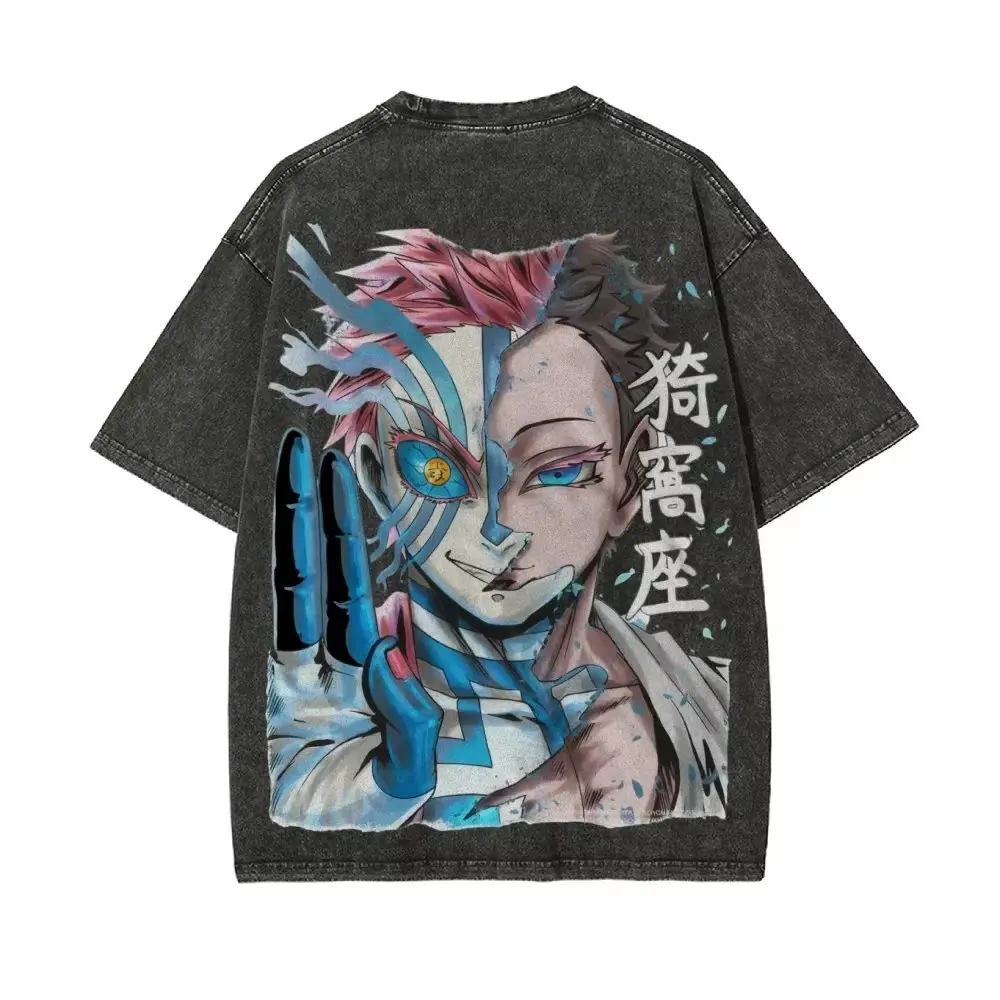 Demon Slayer Iwakiza 애니메이션 그래픽 T 셔츠 남성 여성 코튼 반팔 티셔츠 빈티지 워시 스트리트웨어 오버 사이즈 캐주얼 탑 Y2k