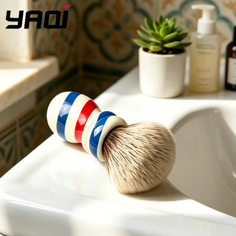 New 2026 Yaqi Barber Pole Style Shaving Brush 24MM Brown Synthetic Knot for Men's Grooming Essential for Lather Building