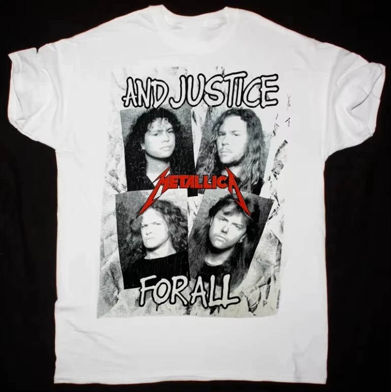 Summer Hot Sale METALLICA BAND AND JUSTICE FOR ALL WHITE T-SHIRT1 Men's Round Neck Short Sleeves