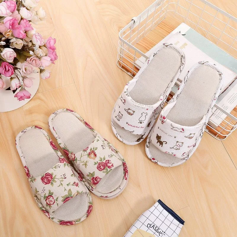 Four Seasons Women Linen Slippers Indoor Floor Flat Shoes Spring Autumn Linen Flip Flops Home Lightweight Slides Female Slipper_voghion.com