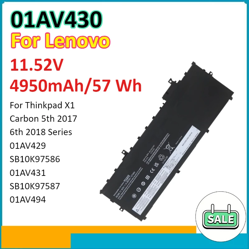 

01AV430 Battery For Lenovo Thinkpad X1 Carbon 5th 2017 6th 2018 Series 01AV429 SB10K97586 01AV431 SB10K97587 01AV494