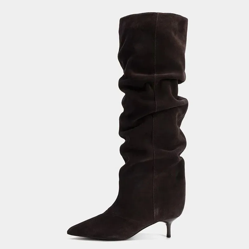 

Autumn Winter Suede Knee High Boots Women Sexy Pointed Toe Pleated Designer Boots Street Style Low Thin Heel Brown Women's Shoes