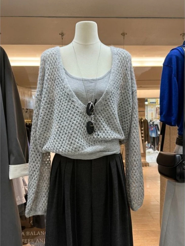 Korean Pullovers 2 Piece Sets Hollow Out Knitting Sweater Slim Fit Sling Vest Suit Sueter Mujer Casual Fashion Jumper Pull Femme