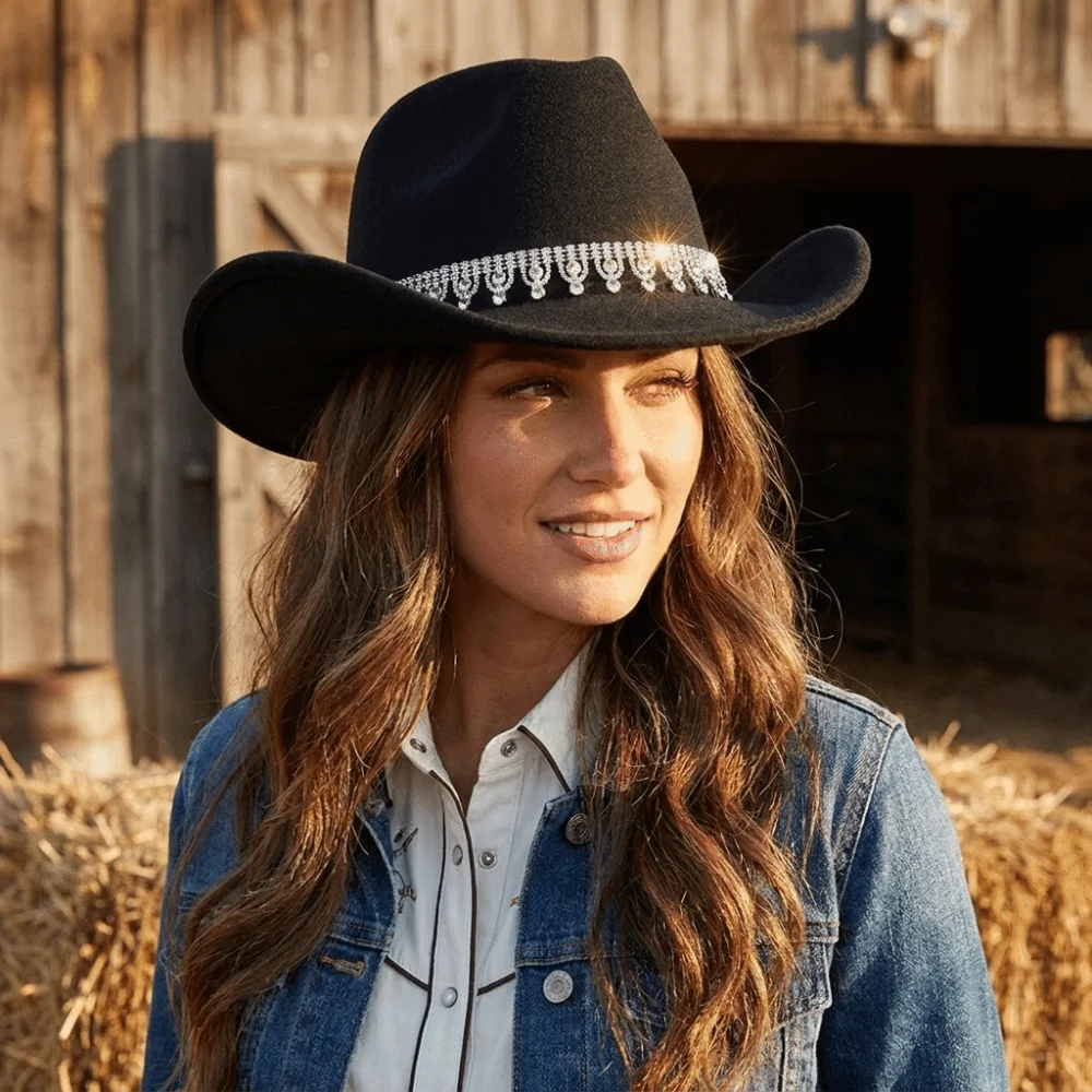 Sparkling Western Cowboy Hat Curved Wide Brim Rhinestone Decoration Felt Fedora Hat Non-Elastic Water Drop Top Hat Wedding