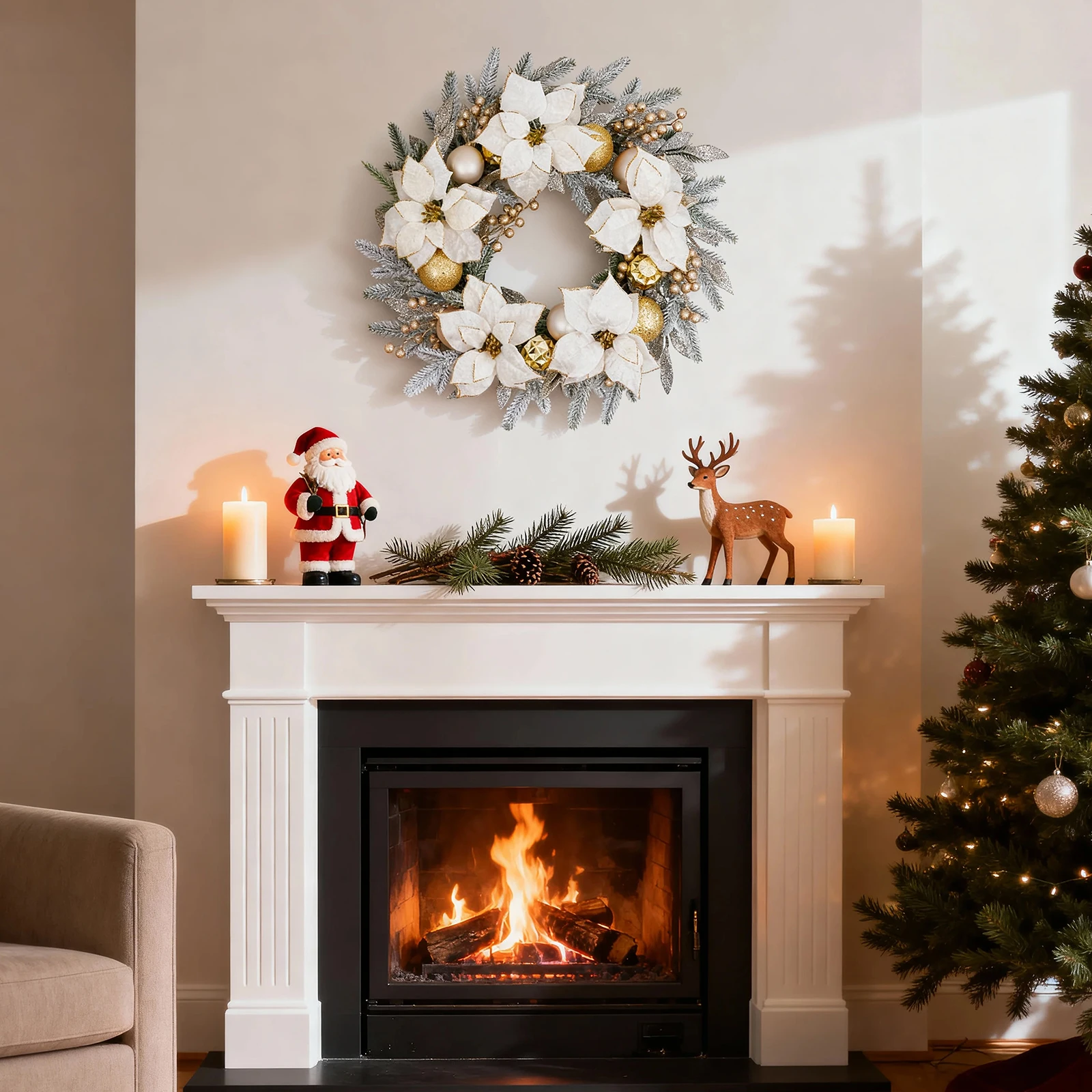 

24 Inch Christmas Wreath with White Flowers Front Door Decor to Welcome Guests for The Holidays