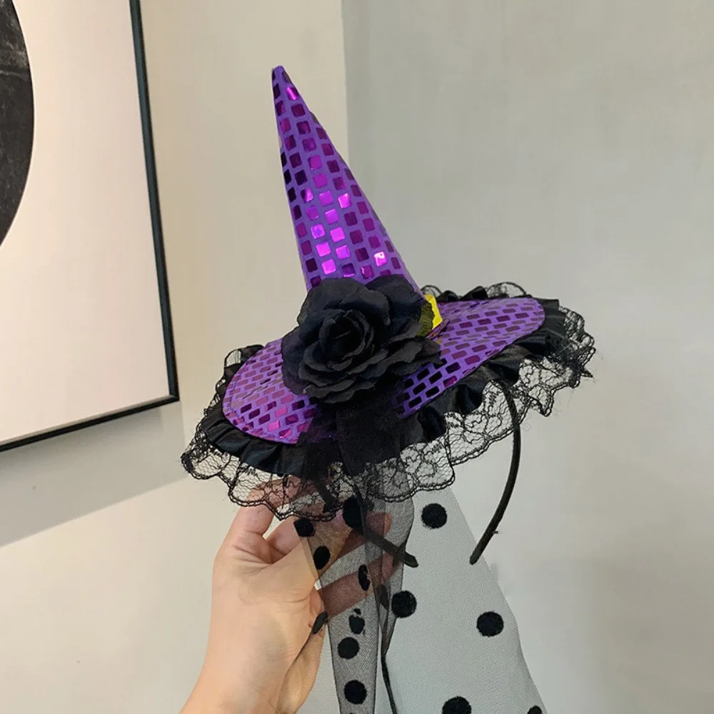 

Lace Halloween Witch Hat Hair Hoop Headband Sequin Halloween Party Hair Band Cartoon Party Decor Hat Cone Hat Headband Men
