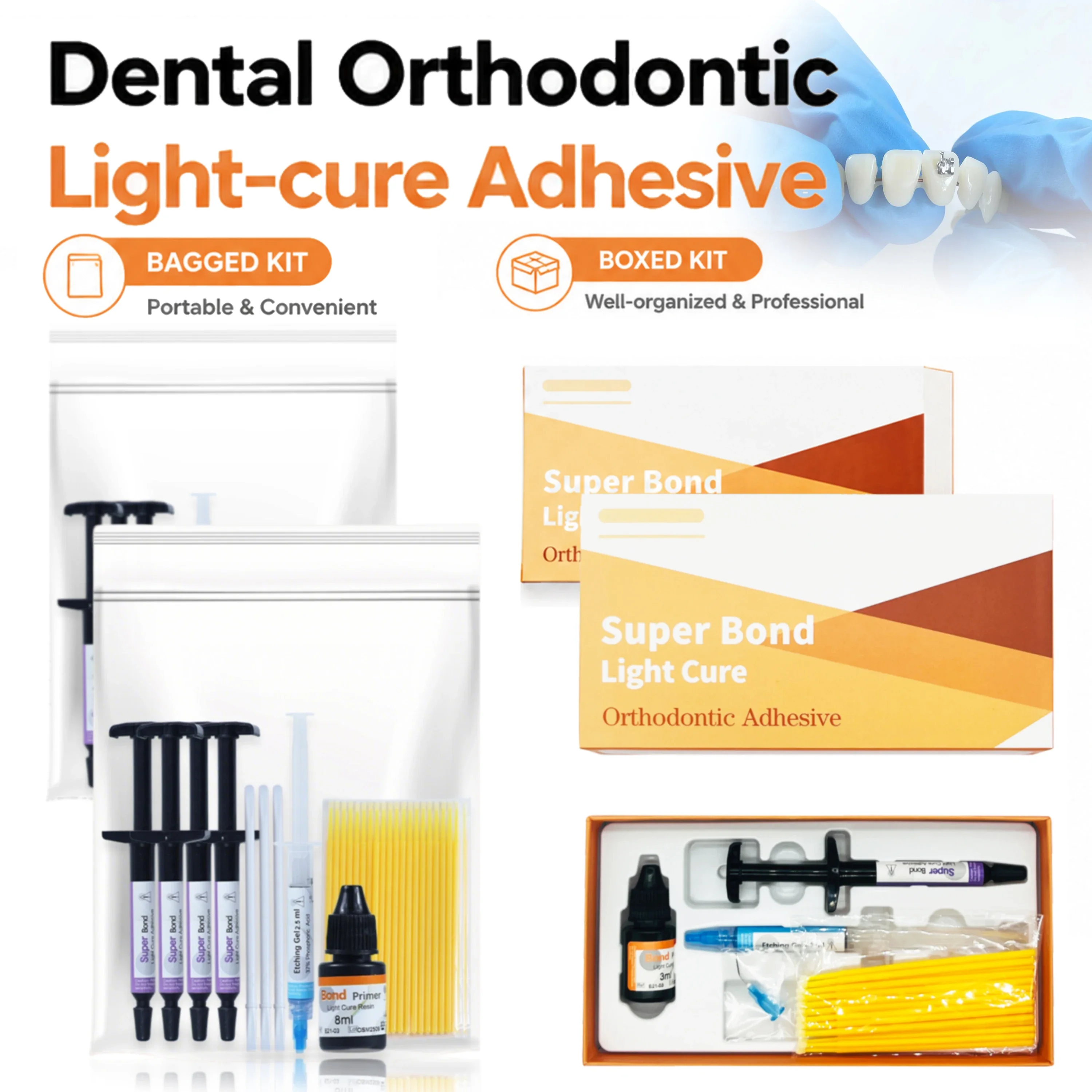 Orthodontic Light Cure Bonding Adhesive Kit For Metal Ceramic Brackets Buccal Tubes Braces Dental Clinic Material Bag & Box