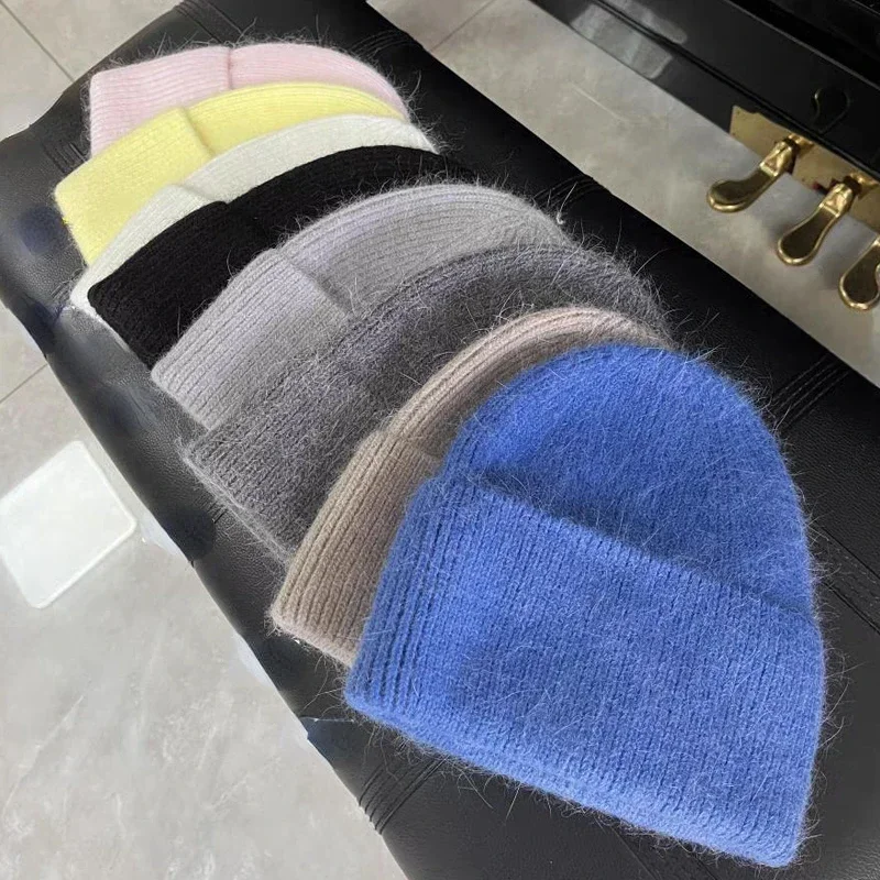 

Вязаная зимняя шапка из ангоры для женщин, пушистые вязаные шапочки с кроличьим мехом, корейская роскошная шапка, женские мягкие теплые шапочки Skullies