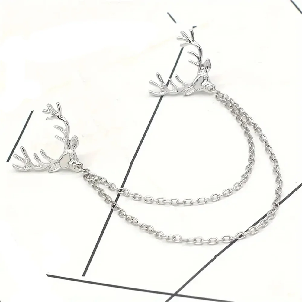1pc Retro Deer Head Tassel Chain Brooch, Alloy Collar Pin For Men Christmas Gift Brooches Party Jewelry Accessories Gifts