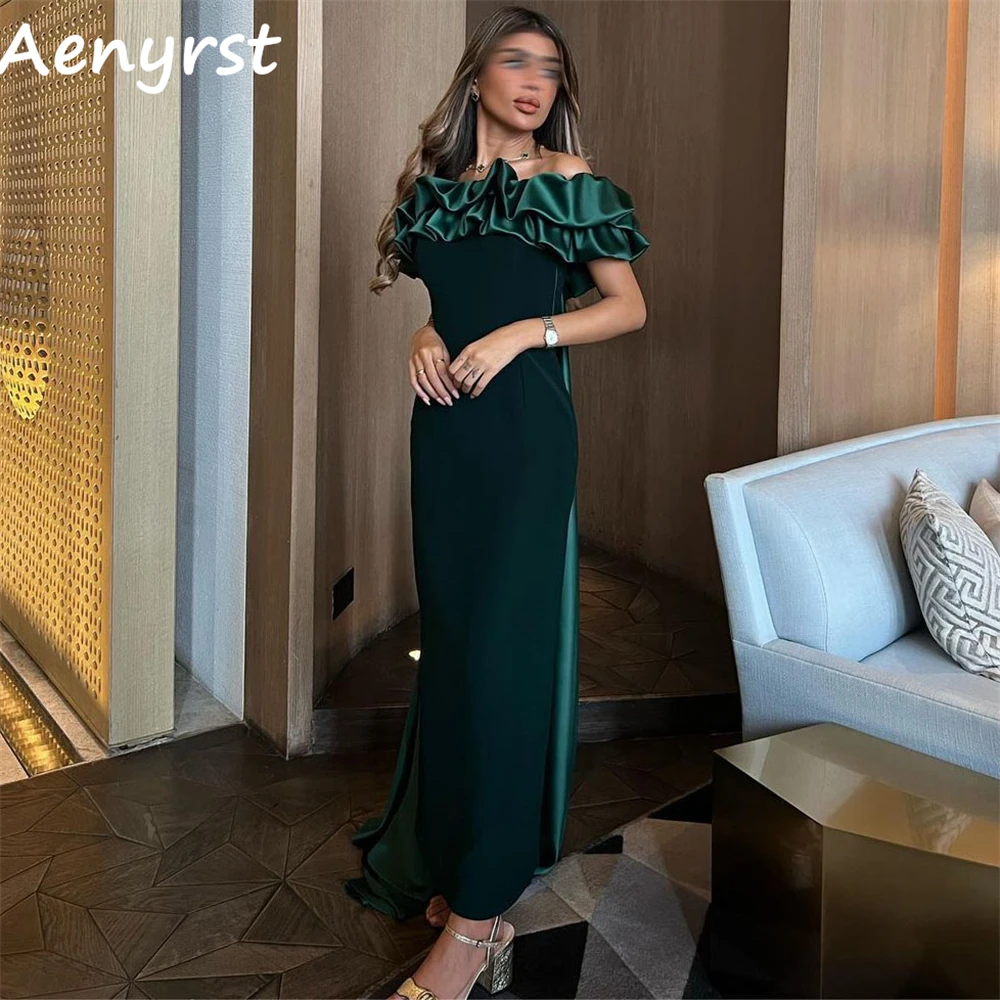 Aenyrst-Elegant Off The Shoulder Ruffles Sereia Cetim Prom Vestidos, Boat Neck Vestidos de Cocktail, Tornozelo Comprimento Dinner Party Dress